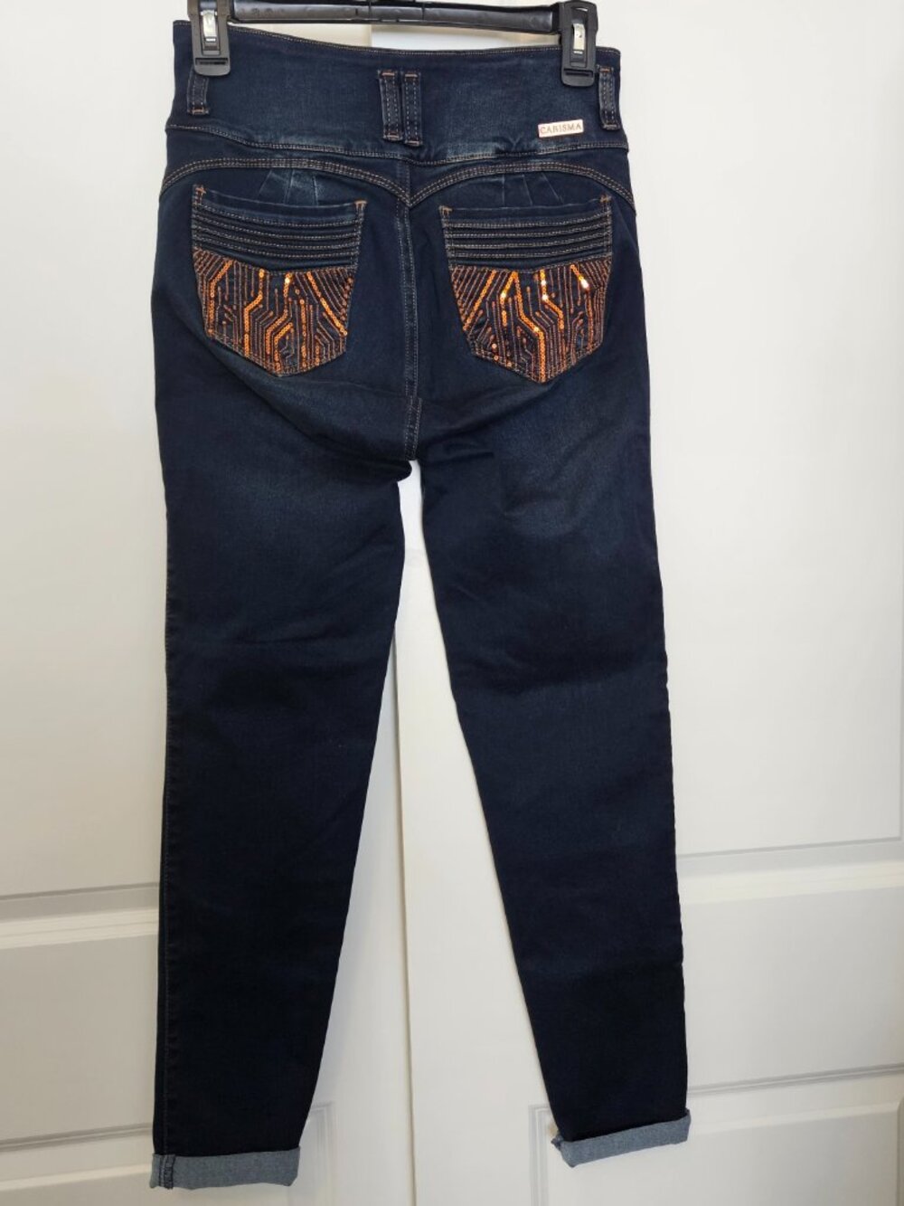 Carisma Jeans Colombian Push Up Skinny Jeans Dark Wash Sequin Circuit Pockets 14 - Picture 3 of 10